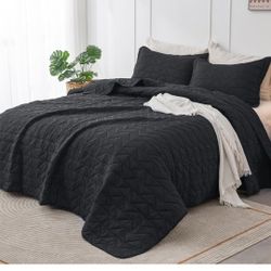BEDELITE Coverlet Queen Bedspread - Summer Lightweight Full Size Quilt Set, Soft Modern Weave Pattern Black Queen Quilt Bedding Set 3 Pieces (1 Quilt 