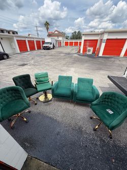 7 Green Velvet Tufted Chairs with Gold Base
