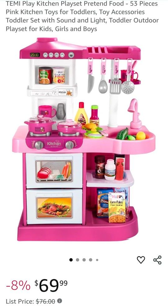 TEMI Play Kitchen Playset Pretend Food 53 Pieces Pink Toddler Kitchen Toys NIOB