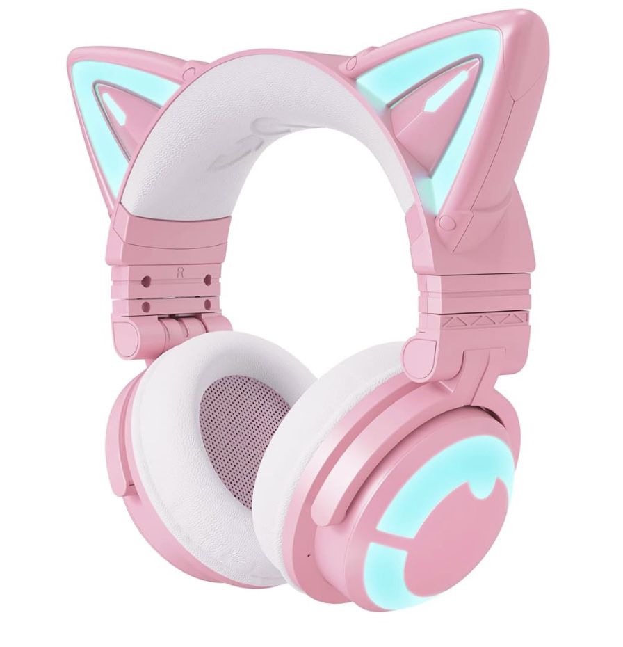 YOWU RGB Cat Ear Headphone 3G Wireless 5.0 Foldable Gaming Pink Headset