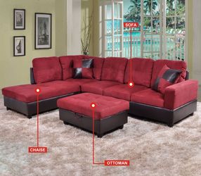 New in box red microfiber sectional with ottoman and pillows