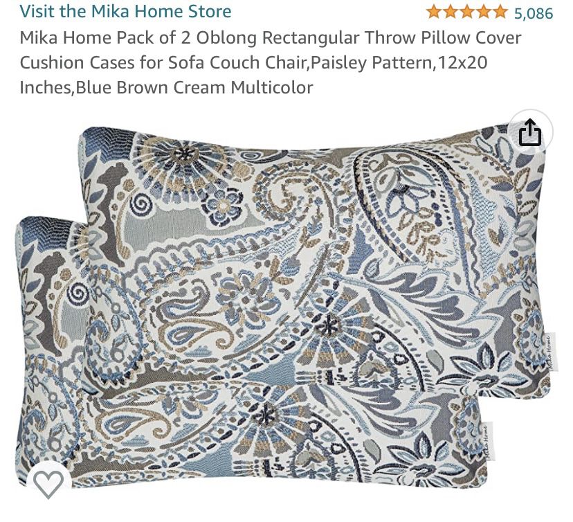 Mika Home Pack of 2 Oblong Rectangular Throw Pillow Cover Cushion Cases for Sofa Couch Chair,Paisley Pattern,12x20 Inches,Blue Brown Cream Multicolor