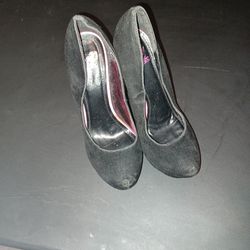 Size 7.5  Black Suede , Pink Bottom Heels 