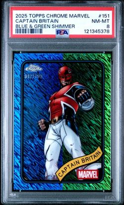 2025 Topps Chrome Marvel Captain Britain #151 Blue Green Shimmer 012/199 PSA 8