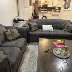 Gray tufted Ashley-style sofa set — gently used, still comfortable, Comes with pillows And Table If You Wants . 