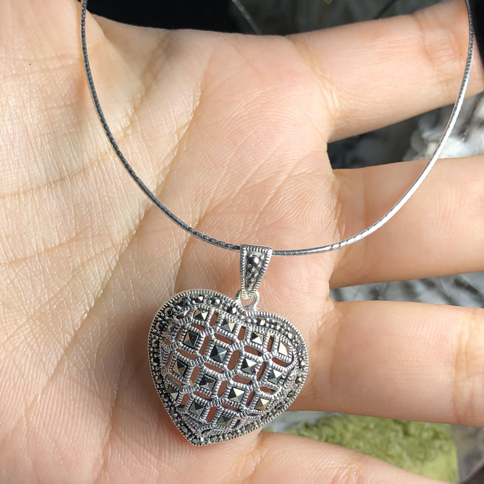 Diamond cut choker necklace marcasite heart pendant 16” 925 sterling silver