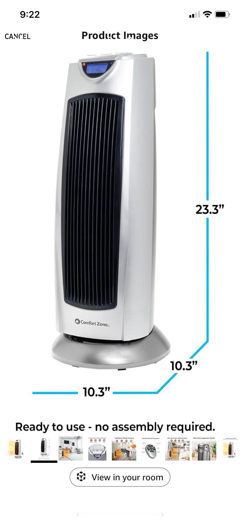 Comfort Zone Electric Oscillating Ceramic Tower Space Heater, Remote, Backlit Digital Thermostat & Temperature Display, Timer, & Overheat Sensor, Idea