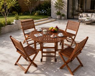 New Acacia Wood 5-Piece Dining Set, Folding Round Table with Umbrella Hole, Wheels and Stowable Dining Chairs  New in box V-LCW23-0326A-L8/BN Looking 