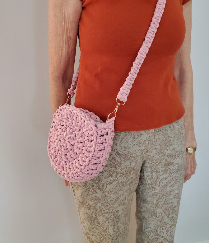 Crochet And Macrame Round Pink Purse