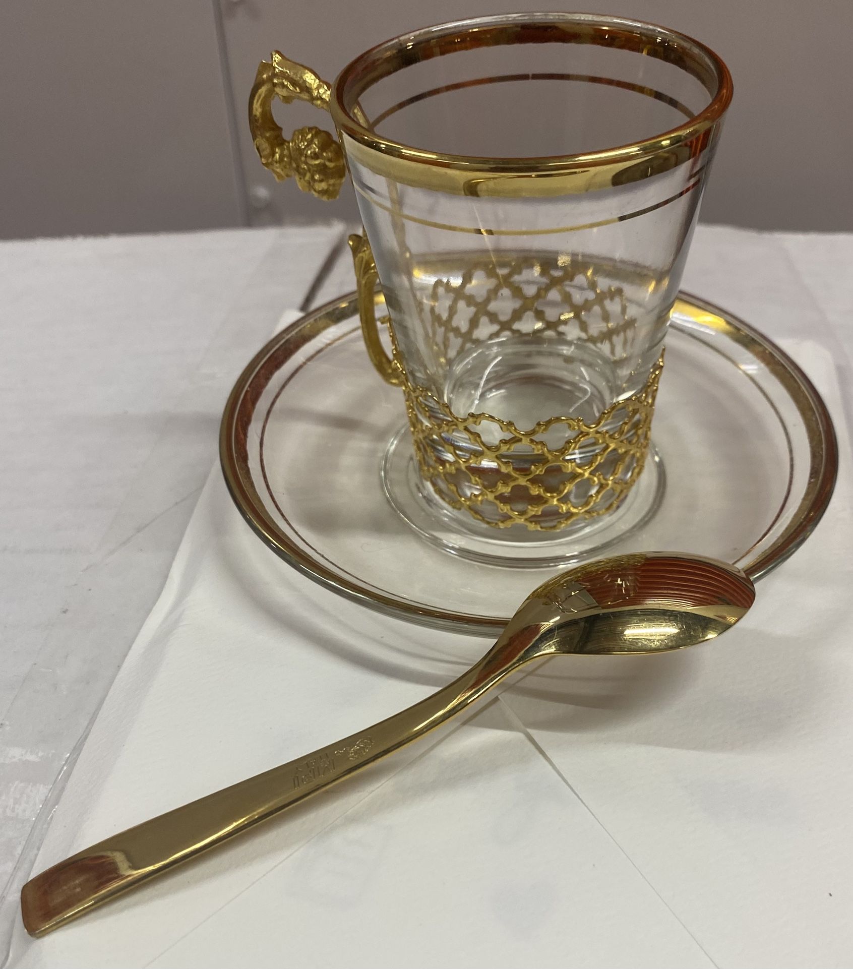 Vintage tea / coffee set including 6 Italian brass demitasse spoons by “ MPI “. Everything shown in photos is included. 6 gold / brass spoons, 6 sauc