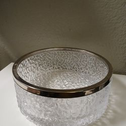 Large Silver Plate Rimmed Marked England Texture Glass Bowl 