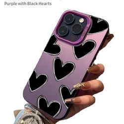Phone Case for Women/Girls, Luxury Love Heart Electroplate Silver Case Compatible with iPhone 14 Pro, Purple with Black Hearts