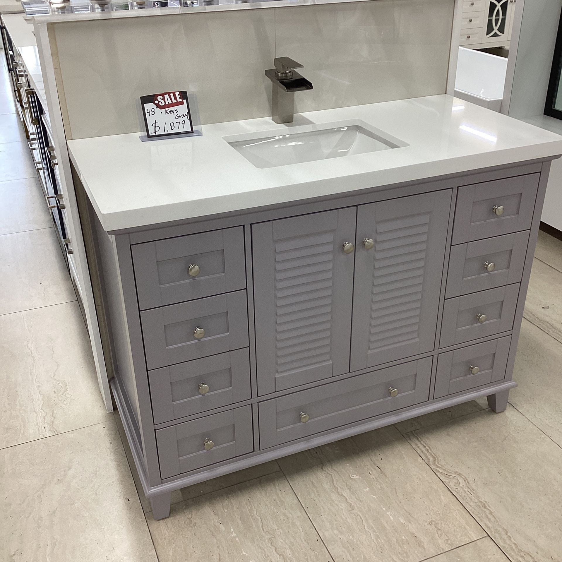 48” Gray Solid Wood Vanity Quartz Countertop Ceramic Sink Fully Assembled Available In Our Showroom Today!!!!!