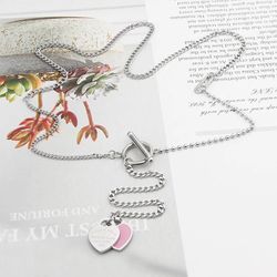 N116- Love Double Heart Necklace Color Silver , Pink