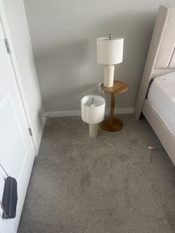 Two Matching Ceramic Lamps w/ Linen Shades & Side Table