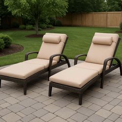 Chaise Lounge Chairs Outdoor Set of 2, Comfy Outside Wicker Patio Pool Lounge Chair w/ 5 Adjustable Back Angle, Cup Holder, Thicken Cushion
