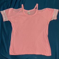 EXIST Pink Cut Off Shoulder Short Sleeve Baseball Stripe Tee Size Small
