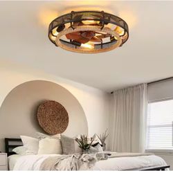 19.6 in. Iron and Wood Grain Industrial Indoor Black Net Flush Mount Ceiling Fan with Light Remote Control with 5-Bulb