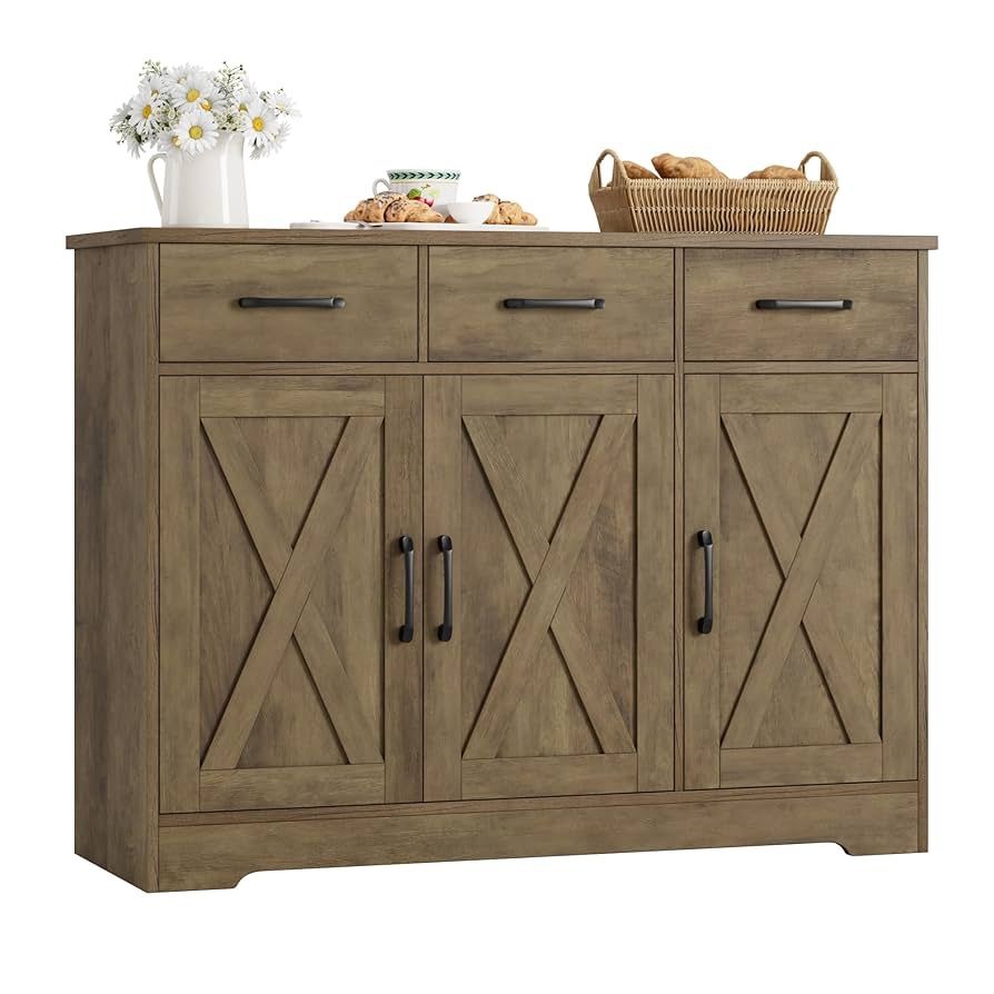 Modern Farmhouse Buffet Sideboard Cabinet, Barn Doors Storage Cabinet with Drawers and Shelves, Wood Coffee Bar Station for Dining Room, Ki