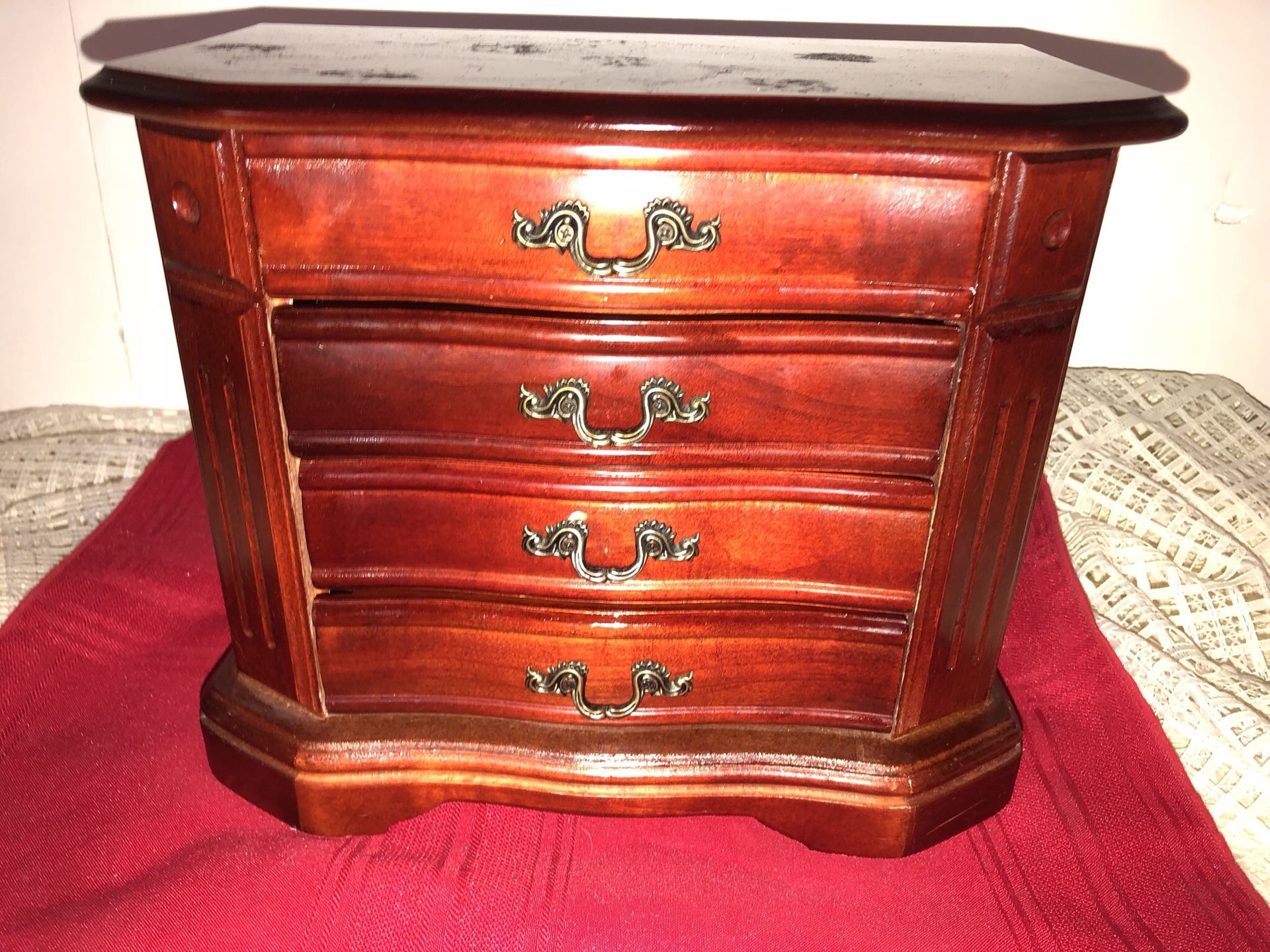 CHERRY FINISH WOOD JEWELRY BOX 3 DRAWERS MIRRORED TOP