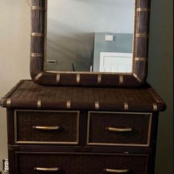 Rattan & Wood Chest And mirror