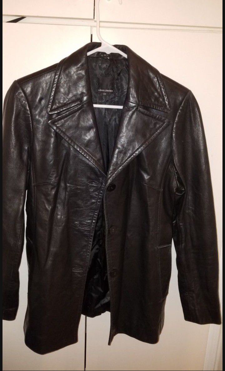 Ladies Anonymous Black Leather 3 Button Coat With Two Deep Pockets. Size XS.  EUC.