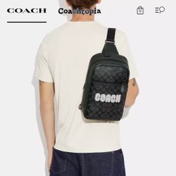 Coach Men's Sling Pack Signature One Strap Crossbody Backpack Green Leather 13x8