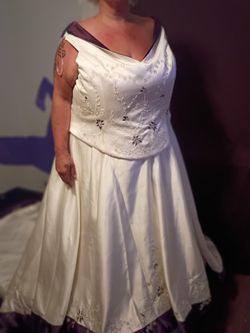 Plus size white with deep purple trim wedding dress