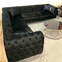 N1S34* * Comfort Velvet L Shaped Black Sofa* Brand New * P a y  E a s i l y