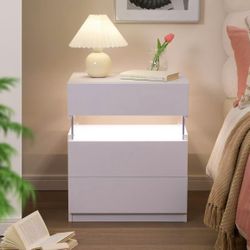 White LED Nightstand Modern Night Stand for Bedroom Bedside Table with 3 Wood Drawers End Side Table, White. 