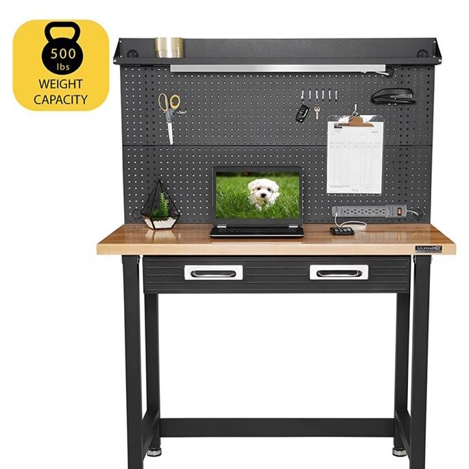 Lighted Workbench with Pegboard, Shelf and Drawer
