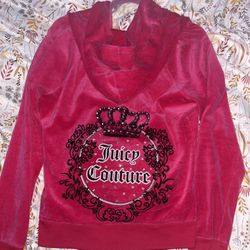 Y2K Vintage Juicy Couture Hot Pink Velour Zip-Up Hoodie Jacket Rhinestone Crown