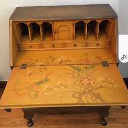 Exquisite Oriental Secretary Desk. Beautiful Hand Painted Designs. Front Drops Down To Form A Desktop, Complete With Shelves And Drawers. 