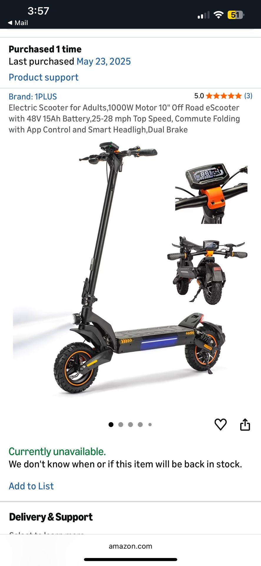 1000W Electric scooter, Off Road Tires 28Mph READ DESH