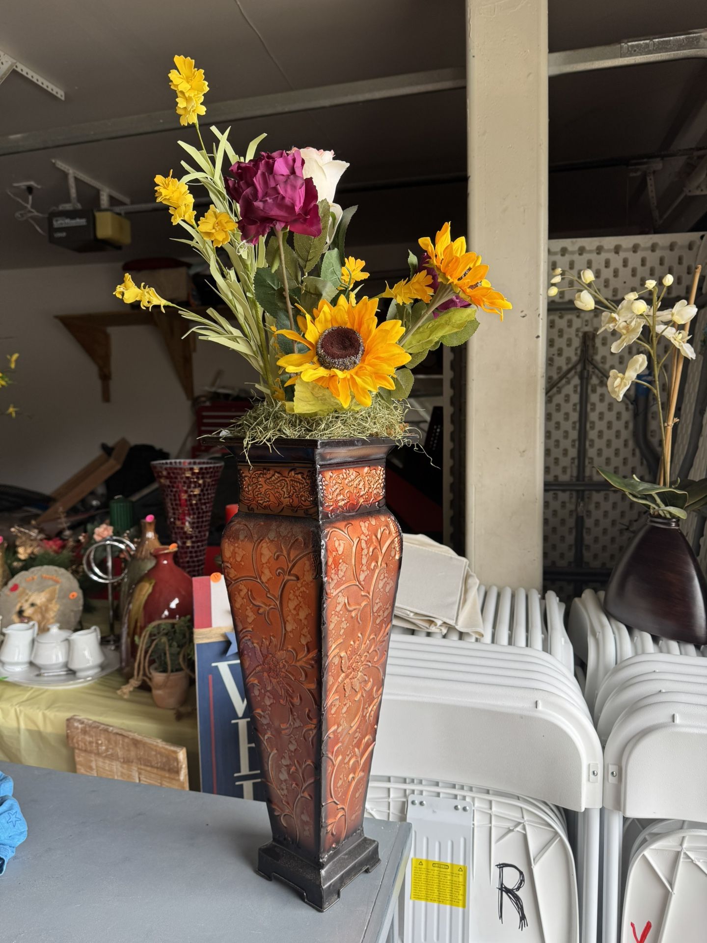 Big Metal Base With Artificial Flowers. Size 22 Tall