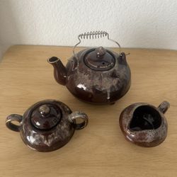 3 Piece Japanese Red Clay Pottery Teapot Set Brown Glaze&Pink Blue Metal Handle