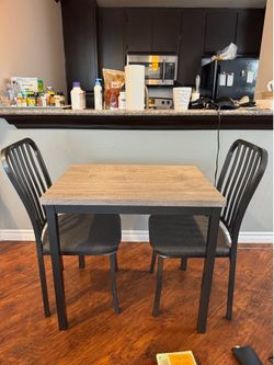 Dining table with 2 Chairs – light wood, top, black frame