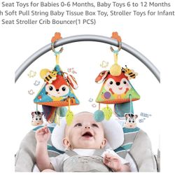 Car Seat Toys for Babies 0-6 Months, Baby Toys 6 to 12 Months with Soft Pull String Baby Tissue Box Toy, Stroller Toys for Infant Car Seat Stroller Cr