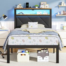 Dark Gray Twin Size Bed Frame With Charging Station