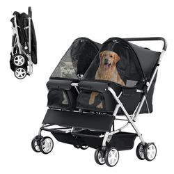 Double Pet Stroller, Foldable Stroller For 2 Dogs & Cats, Two-Seater Carrier Twin Dog Walk Jogger Travel Pet Carriage Cart With Storage, Black