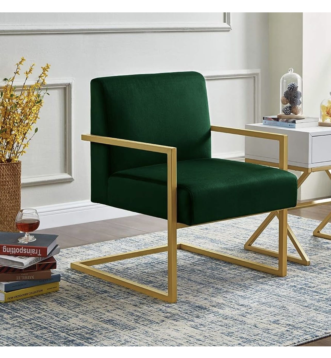 Was 192$ 24KF Comfortable Fashional Accent Chair - Velvet Cushion & Square Arm Metal Golden Stand -Jade