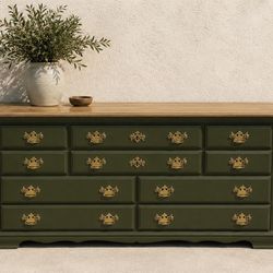 Rich Olive Green Dresser with Wood Top & Antique Gold Hardwar