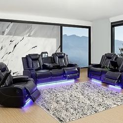Power Electric Black Leather Fully Reclining Three Piece Couch Set 