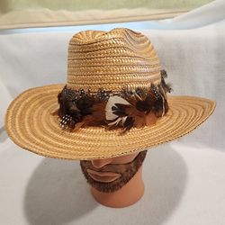 VINTAGE NEW WESTCRAFT ITALIAN Straw  FEATHERED Cowboy WIRE REINFORCED BRIM 22" DIAMETER