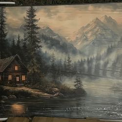 Rustic Cabin Canvas Wall Art, Misty Mountains & Pine Forest, Nature Wall Art, Rustic & Modern Farmhouse Decor (Black Framed, 59"x33"|150x84cm)