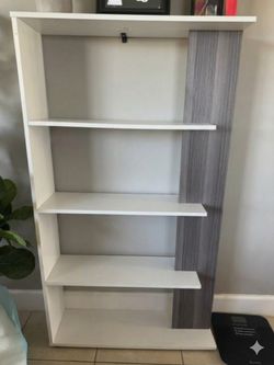 Modern Two-Tone Asymmetric Bookshelf (White & Gray Woodgrain) – Great Condition