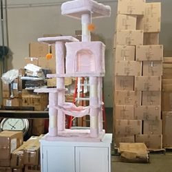 Feandrea Cat Tree, 55.1-Inch Cat Tower, Plush Multi-Level Condo with 4 Scratching Posts, 2 Perches, Hammock, Cave, Jelly Pink UPCT161P01