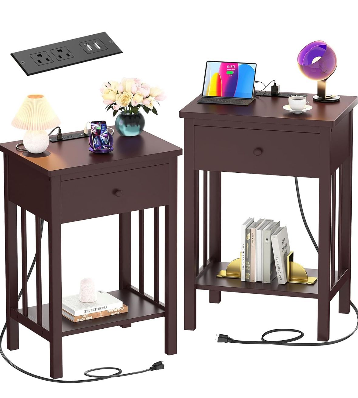 Homykic Nightstand with Charging Station Set of 2, Bamboo Bedside Table Set with USB Ports and Outlets, Night Stand End Table with Drawer for Bedroom,