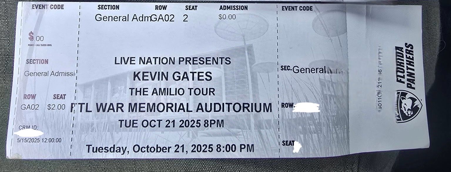 2 Kevin Gates Tickets - The Amilio Tour (Oct 21 - Fort Lauderdale)