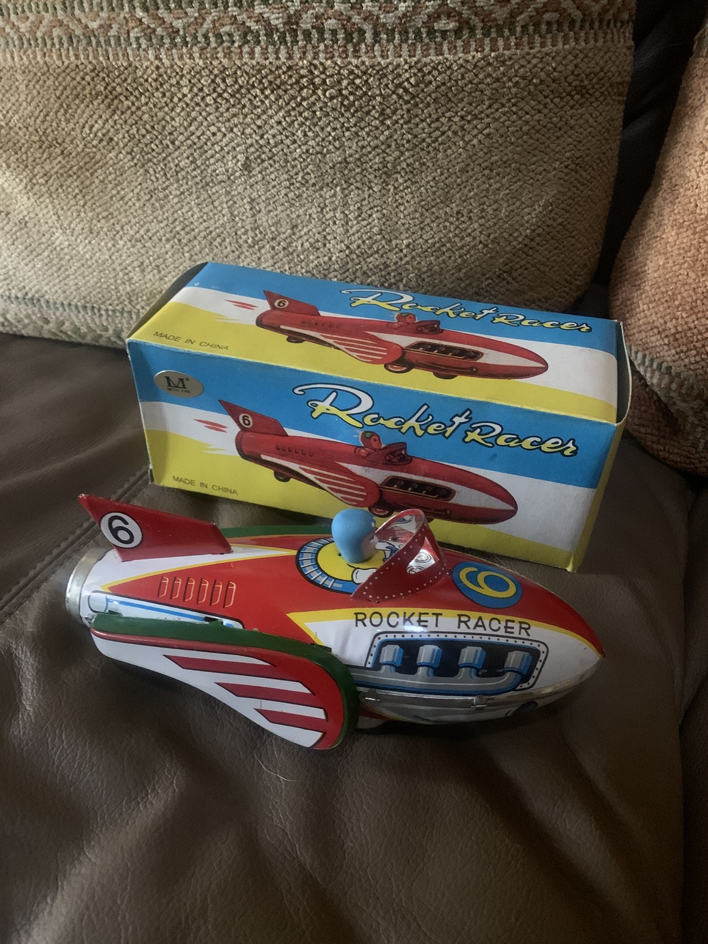 Vintage Tin Toy Rocket Racer Friction Siren Litho Rocket Car Made In China W Box